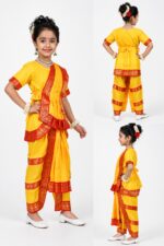 Bharatanatyam Dance Costume for Girls – Traditional Yellow Classical Dance Fancy Dress Costume with Red & Golden Border, Perfect for School Functions, Dance Performances & Cultural Events - Image 2