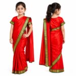 Red Saree Fancy Dress Costume for Girls – Traditional Indian Saree Dress with Green & Golden Border | Kids Fancy Dress for School Functions, Cultural Programs & Festivals** - Image 3