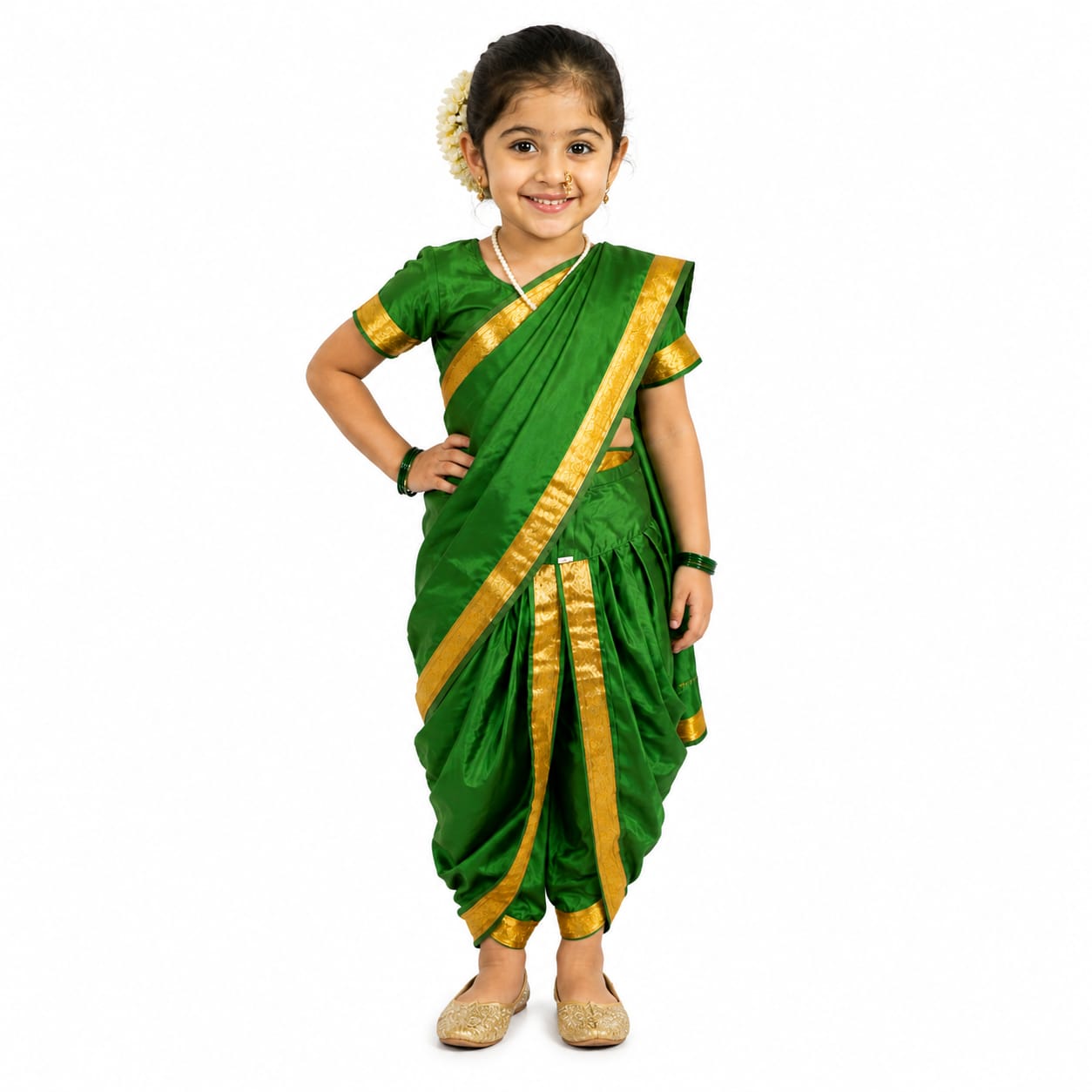WhatsApp Image 2026-08-29 at 8.00.46 PM Aavaran Fancy Dress Traditional Marathi Lavani Saree Costume for Girls – Green Maharashtrian Nauvari Saree Fancy Dress with Golden Border, Ethnic Traditional Wear for Kids Age 5–6 Years** - Image 1