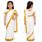 Aavaran Fancy Dress Traditional Kerala Saree, Onam Costume for Girls – White and Golden Kerala Kasavu Saree Fancy Dress, Ethnic Traditional Wear for Kids Age 5–6 Years - Image 2