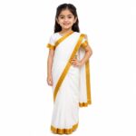 Aavaran Fancy Dress Traditional Kerala Saree, Onam Costume for Girls – White and Golden Kerala Kasavu Saree Fancy Dress, Ethnic Traditional Wear for Kids Age 5–6 Years