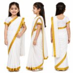 Aavaran Fancy Dress Traditional Kerala Saree, Onam Costume for Girls – White and Golden Kerala Kasavu Saree Fancy Dress, Ethnic Traditional Wear for Kids Age 5–6 Years - Image 3