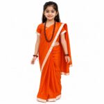 Aavaran Fancy Dress Traditional Vanvasi Sita Saree Costume for Girls – Orange Saree with White Border, Ramayana Sita Fancy Dress & Indian Traditional Wear for Kids Age 5–6 Years