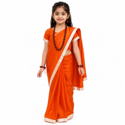 Aavaran Fancy Dress Traditional Vanvasi Sita Saree Costume for Girls – Orange Saree with White Border, Ramayana Sita Fancy Dress & Indian Traditional Wear for Kids Age 5–6 Years